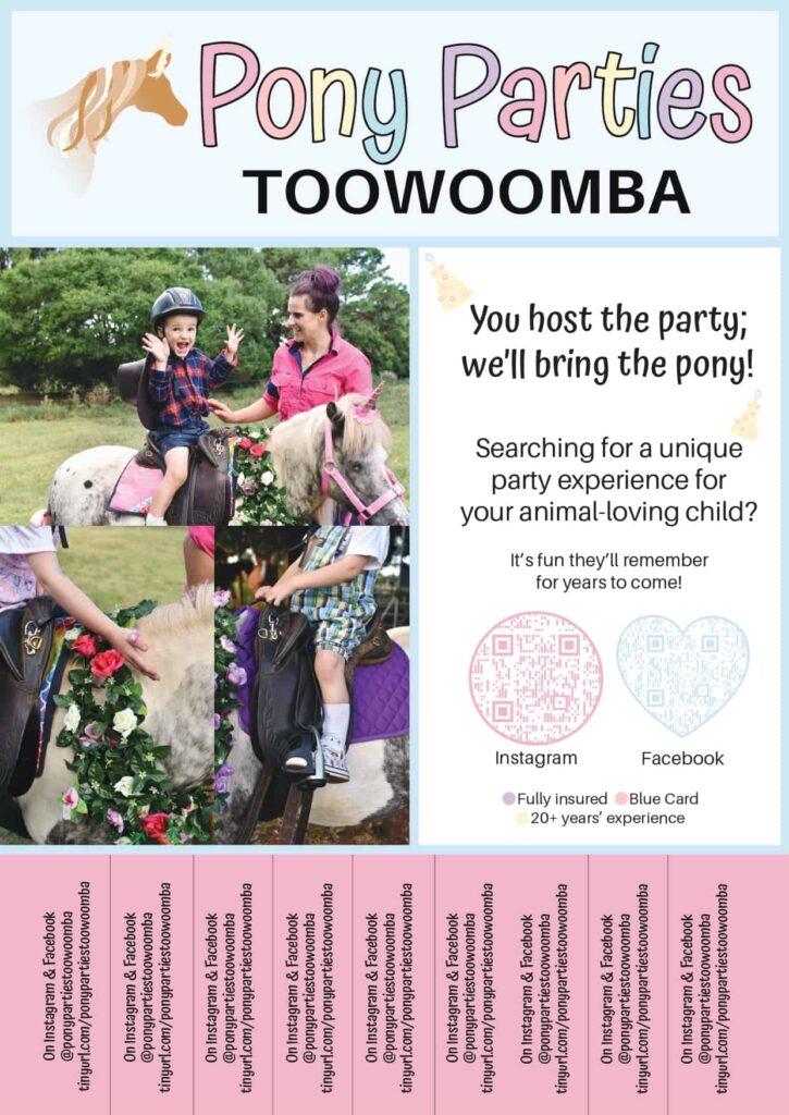 Pony Parties Toowoomba tear off flyer that's displayed on community and school noticeboards